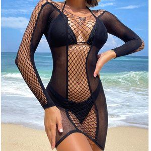 Sexy mid-sleeve bag hip fishnet skirt see-through sexy pajamas